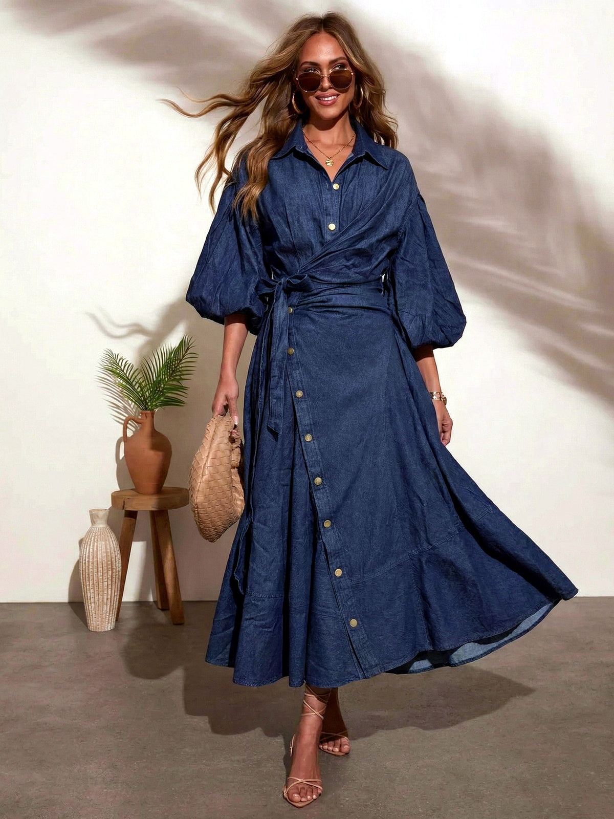 Women's Denim Shirt Dress Seven Quarter Sleeve Loose Casual Spring Dress - product detail view 2