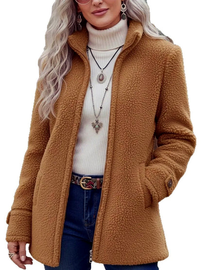 Women's Solid-Color Stand-Collar Patchwork Zip-Front Relaxed-Fit Long-Sleeve Jacket - product detail view 1