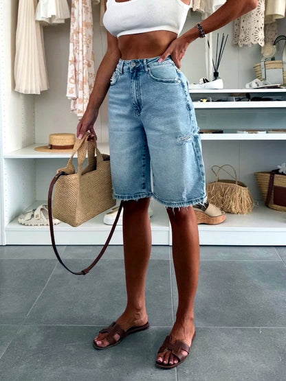 Women's High-Waist Distressed Denim Bermuda Shorts Raw Hem Relaxed Knee-Length Jeans - product detail view 4