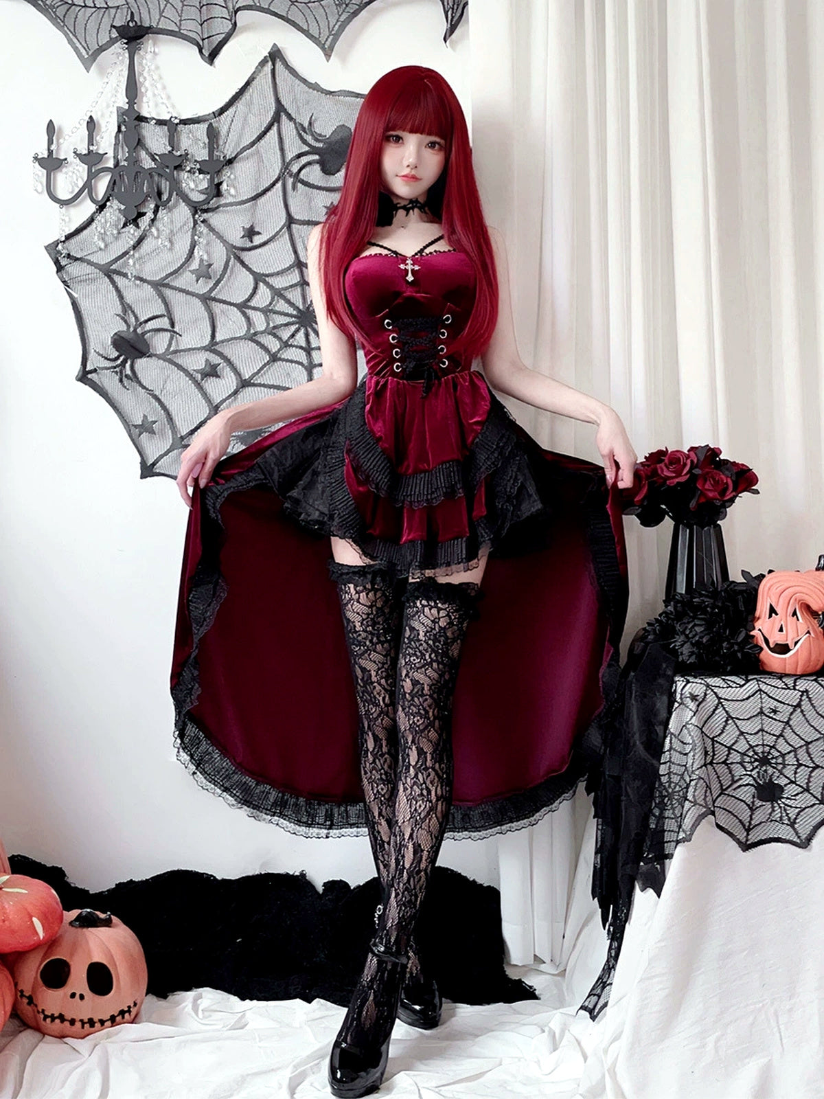 Women's Halloween Witch-Inspired Vampire-Inspired Lace-Trim Dress - product detail view 3
