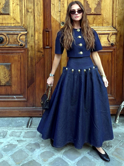 Women's Metal-Button Tie-Front Denim Top & Maxi Skirt Set - product detail view 3