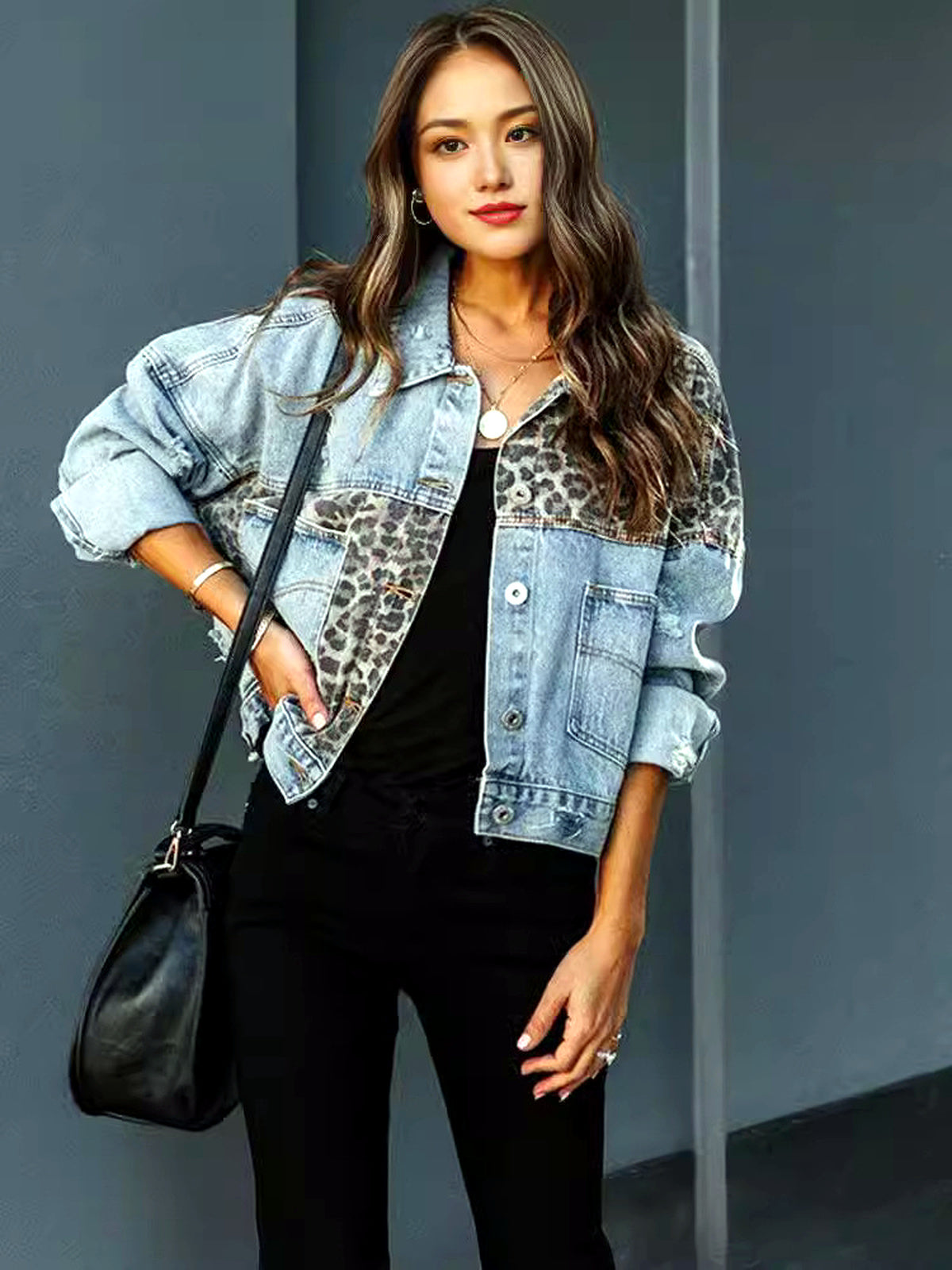 Women's Denim Patchwork Relaxed-Fit Point-Collar Long-Sleeve Office Shirt - product detail view 3
