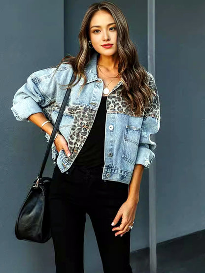 Women's Denim Patchwork Relaxed-Fit Point-Collar Long-Sleeve Office Shirt - product detail view 3