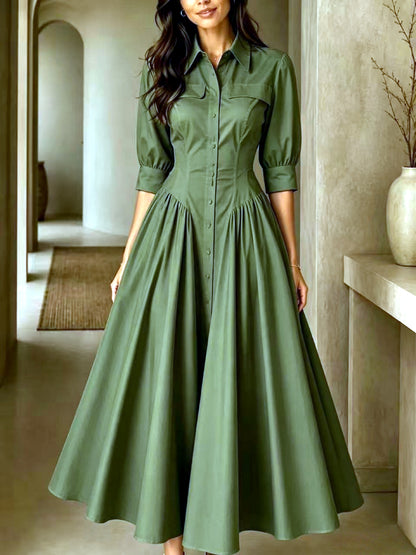 Linen-Blend Solid-Color Pocket High-Waist Dress in Army Green - product view
