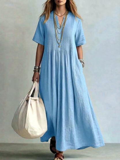 Women's Linen-Blend Solid-Color V-Neck Patchwork Relaxed-Fit Short-Sleeve Dress in Light Blue - product view