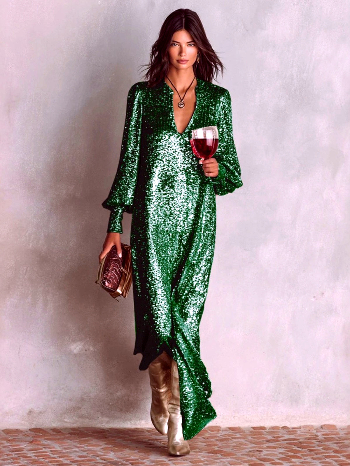Solid-Color V-Neck Patchwork Pullover Relaxed-Fit Long-Sleeve Dress in Green - product view