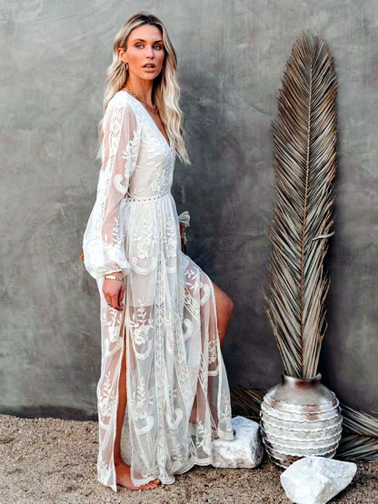 Women's Solid-Color V-Neck Lace-Trim Zip-Front Long-Sleeve Dress - product detail view 2
