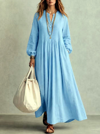 Women's Linen-Blend Solid-Color V-Neck Patchwork Relaxed-Fit Long-Sleeve Dress in Light Blue - product view