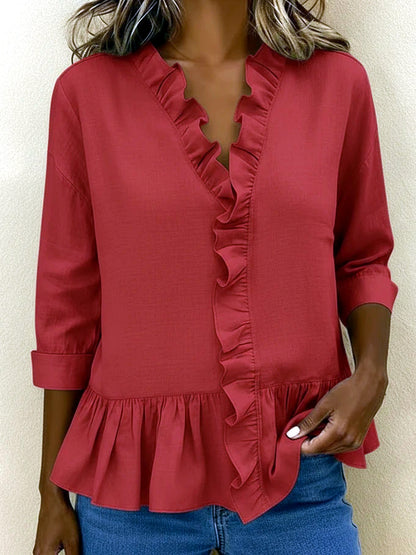 Women's Solid-Color Ruffle-Trim Relaxed-Fit Long-Sleeve Longline Mid-Length Shirt in Red - product view