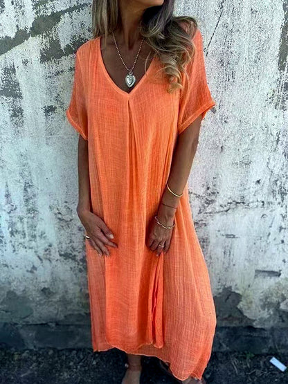 Patchwork Linen-Blend Solid-Color Relaxed-Fit Mid-Rise Short-Sleeve Dress in Red - product view