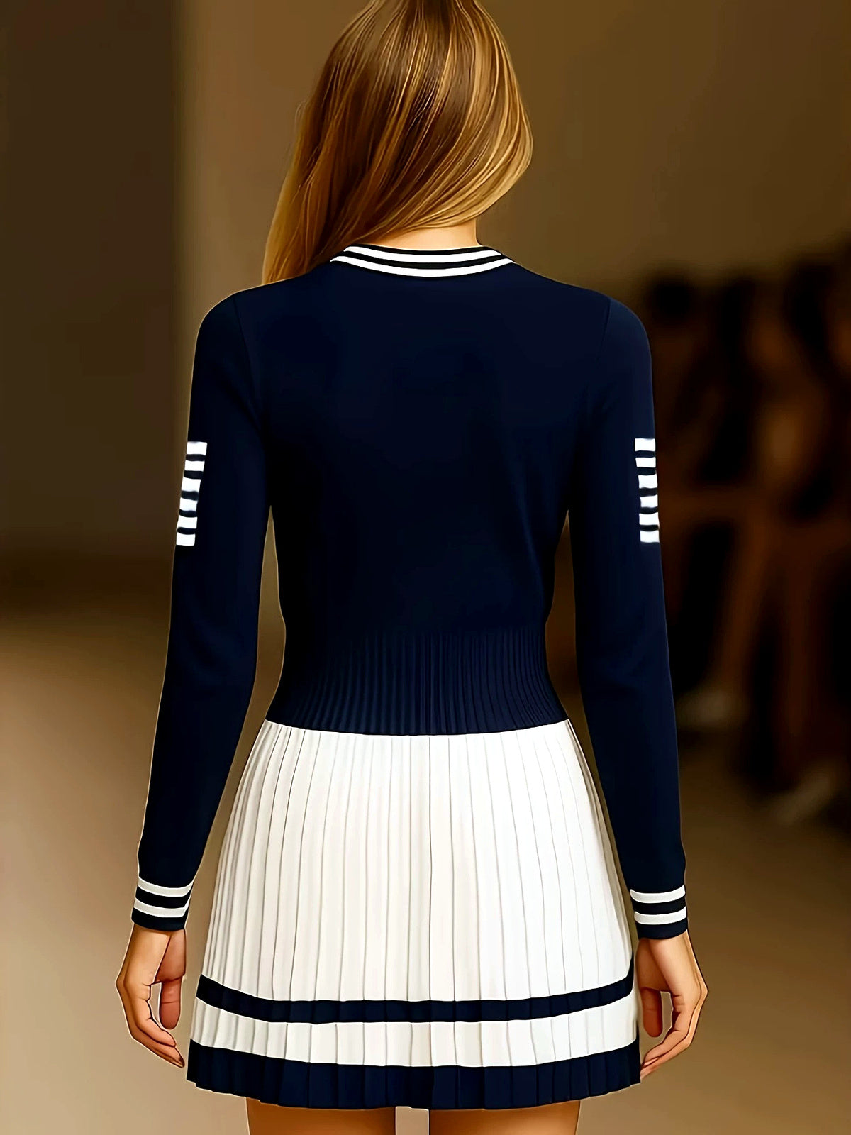 Women's Crew-Neck Knit Striped Solid-Color Long-Sleeve Office Dress - product detail view 2
