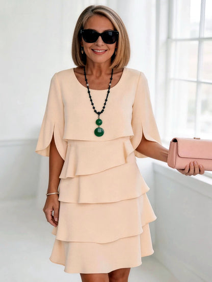 Women's Solid-Color Crew-Neck Patchwork Relaxed-Fit Midi Dress in Apricot - product view