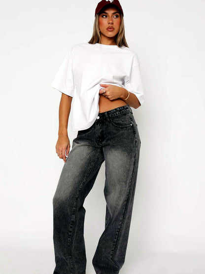 Women's Denim Mid-Rise Straight-Leg Washed Jeans in Gray - product view