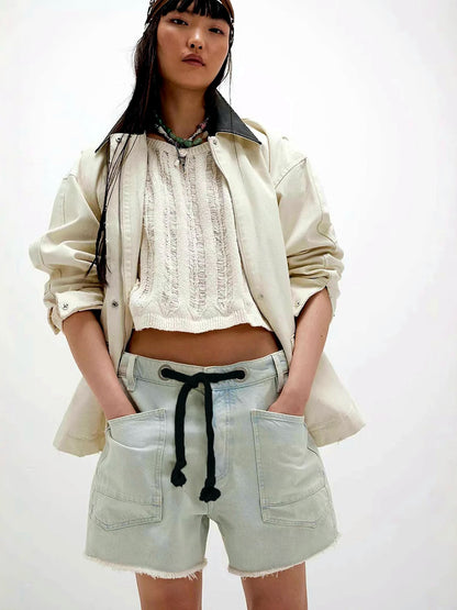 Women's Washed Denim Relaxed-Fit Mid-Rise Multi-Pocket Pocket Shorts in Light Blue - product view