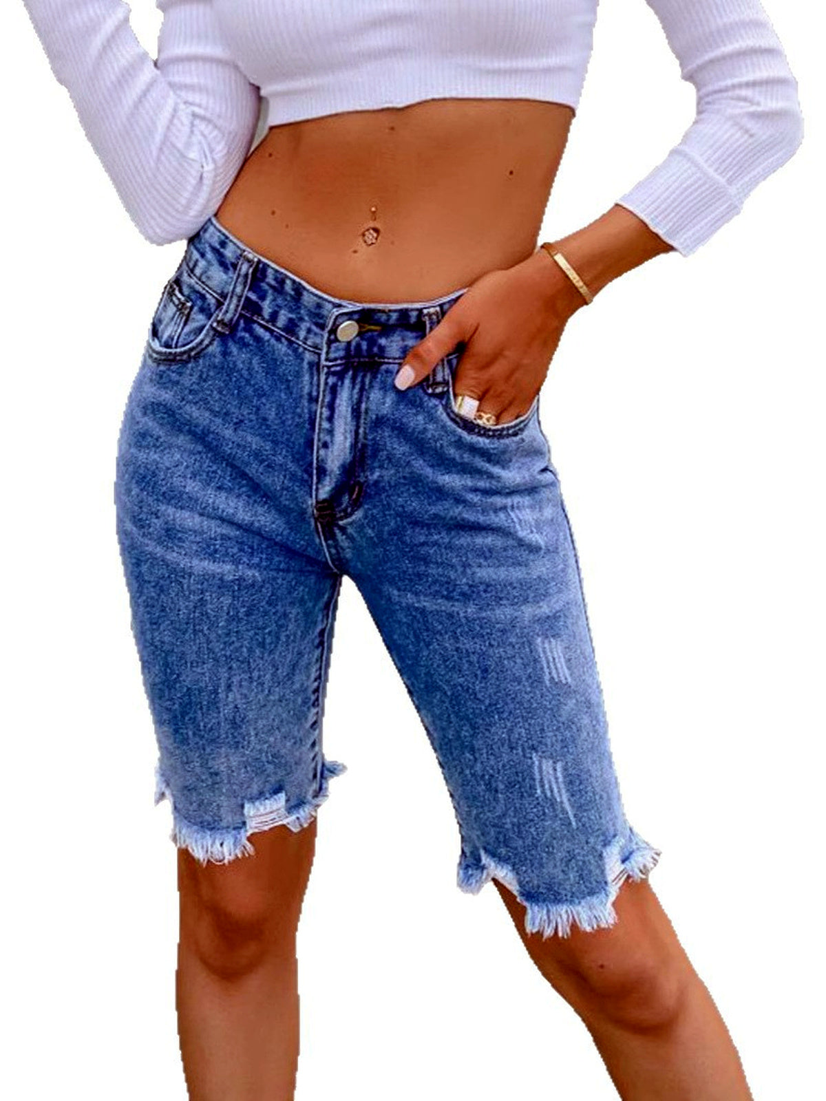 Women's Denim Distressed Raw-Hem Mid-Rise Office Jeans - product detail view 4