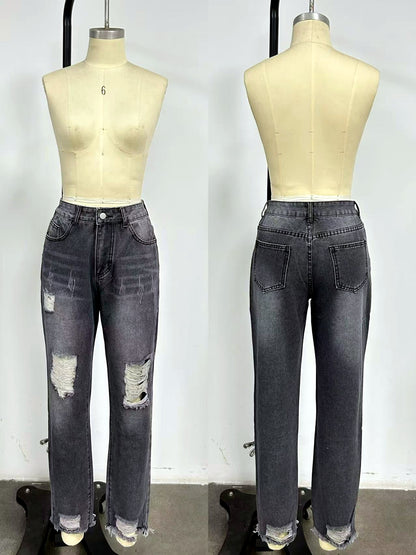 Women's Denim Distressed Mid-Rise Straight-Leg Vintage-Inspired Office Pants - product detail view 2