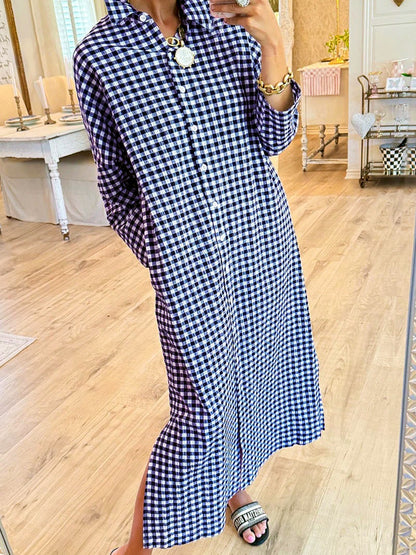 Women's Plaid Patchwork Relaxed-Fit Long-Sleeve Longline Slit Dress in Blue - product view