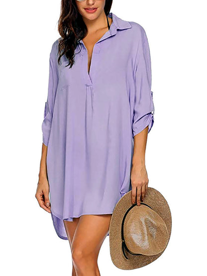 Women's Patchwork Solid-Color Relaxed-Fit Pocket Mid-Length Vacation Dress in Light Purple - product view