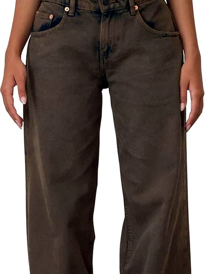 Women's Washed Denim Wide-Leg Vintage-Inspired Distressed Straight-Leg Jeans in Brown - product view