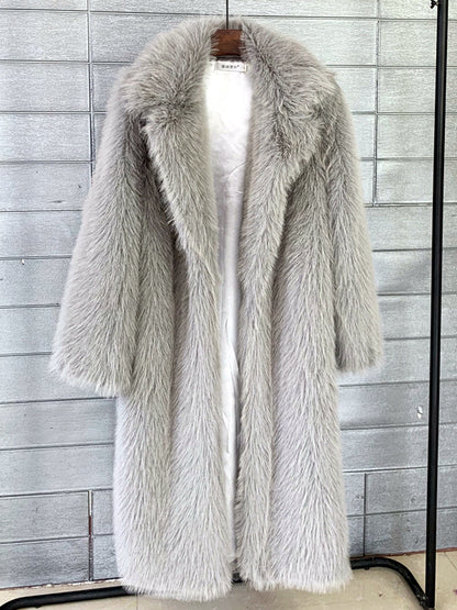 Women's Faux-Fur Notched-Lapel Long-Sleeve Longline Coat in Gray - product view