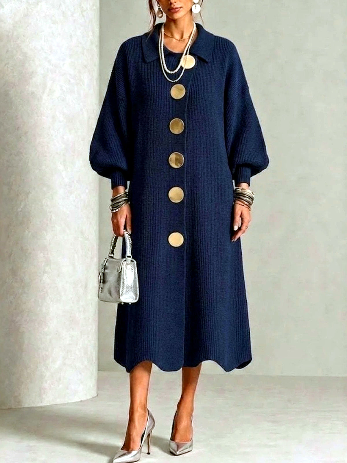 Women's Knit Solid-Color Polo-Collar Statement-Button Patchwork Dress in Dark Blue - product view