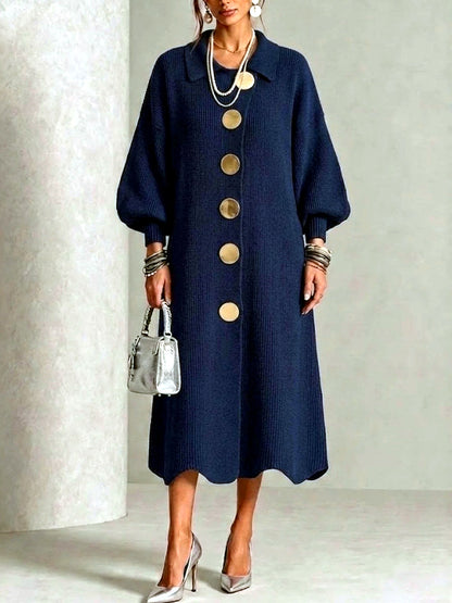 Women's Knit Solid-Color Polo-Collar Statement-Button Patchwork Dress in Dark Blue - product view