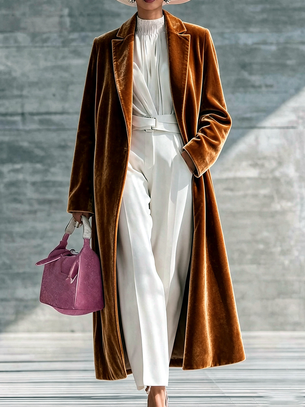 Women's Velvet Knit Solid-Color Point-Collar Relaxed-Fit Long-Sleeve Cardigan in Brown - product view