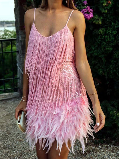 Women's Solid-Color Fringe-Trim Patchwork Relaxed-Fit Sleeveless Dress in Pink - product view