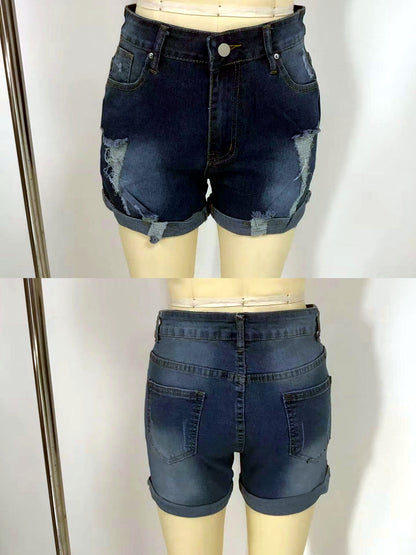 Women's Washed Denim Distressed Stretch Mid-Rise Straight-Leg Shorts - product detail view 2