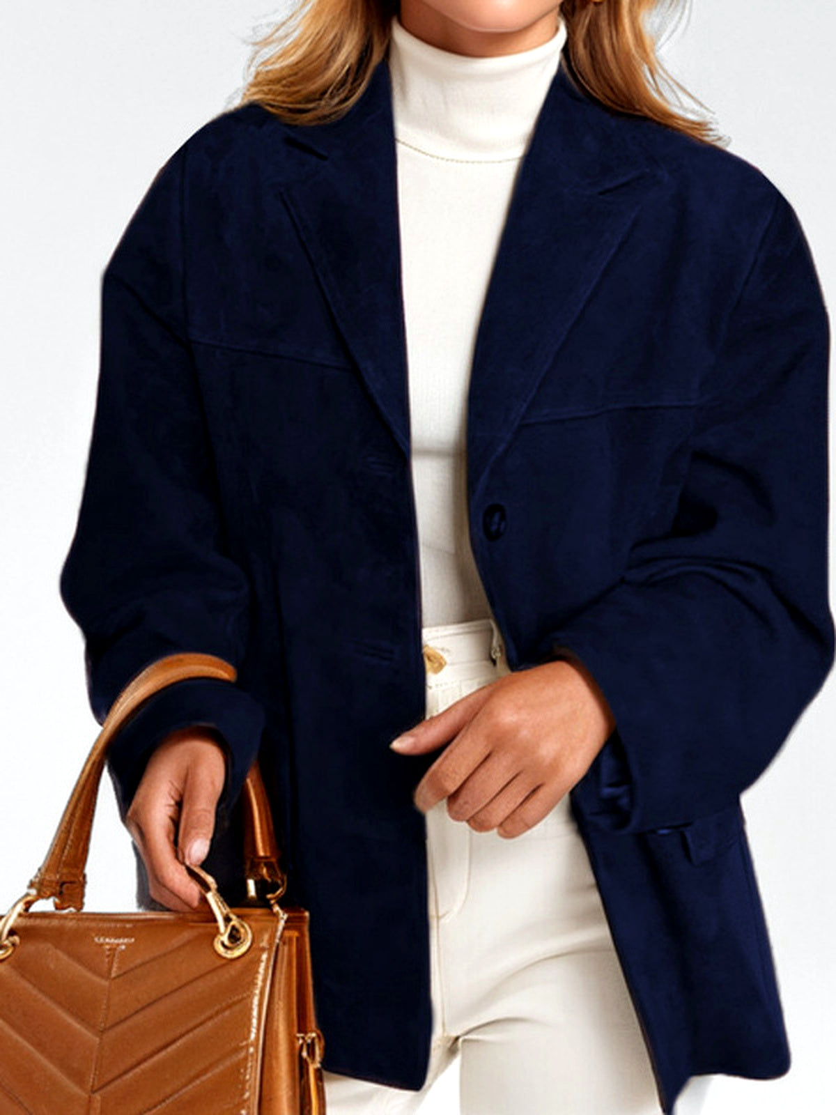 Women's Solid-Color Relaxed-Fit Single-Breasted Button-Front Point-Collar Pocket Blazer in Dark Blue - product view