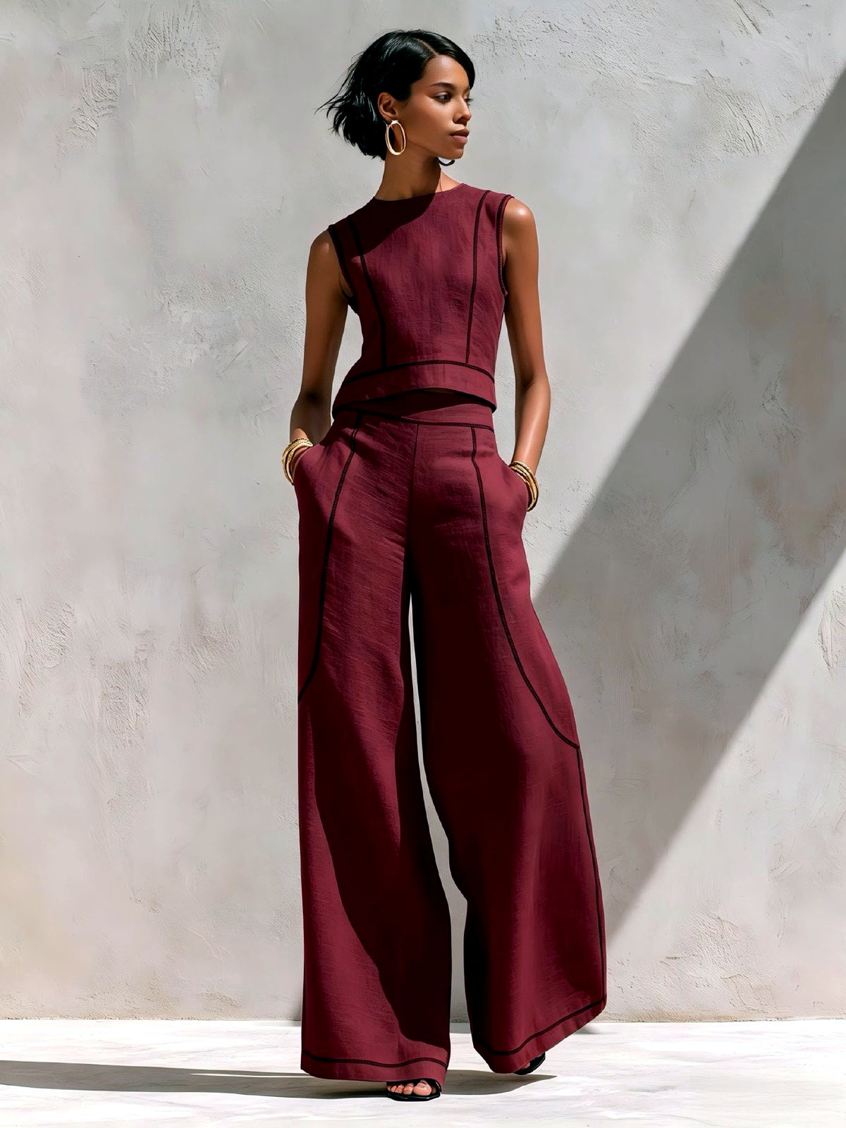 Women's Colorblock Sleeveless Wide-Leg Top & Pants Set in Burgundy - product view