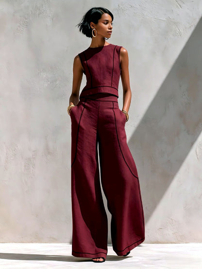 Women's Colorblock Sleeveless Wide-Leg Top & Pants Set in Burgundy - product view