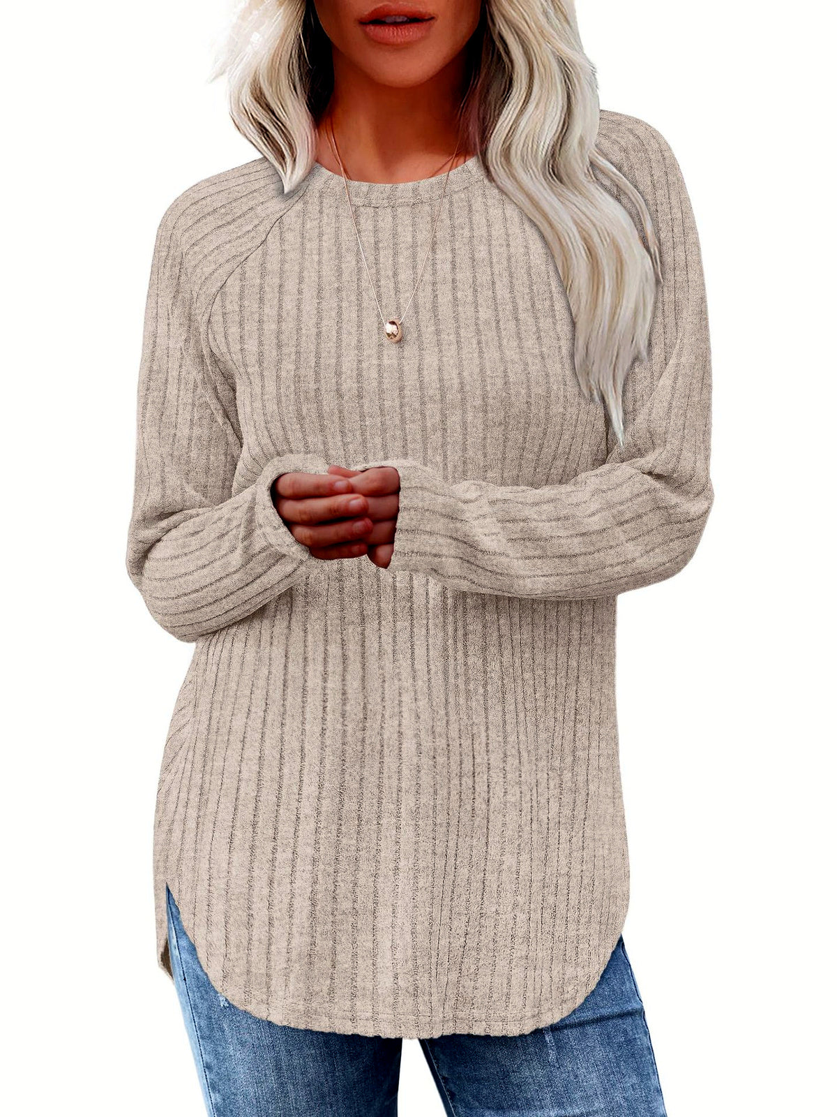 Women's Crew-Neck Relaxed-Fit Slim-Fit Long-Sleeve Top in Apricot - product view