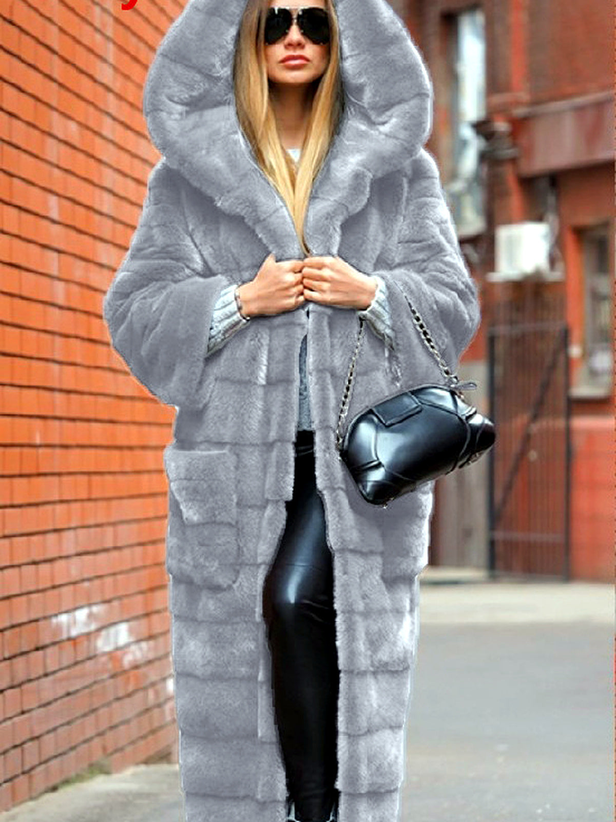 Solid-Color Long-Sleeve Hooded Trench Coat in Gray - product view