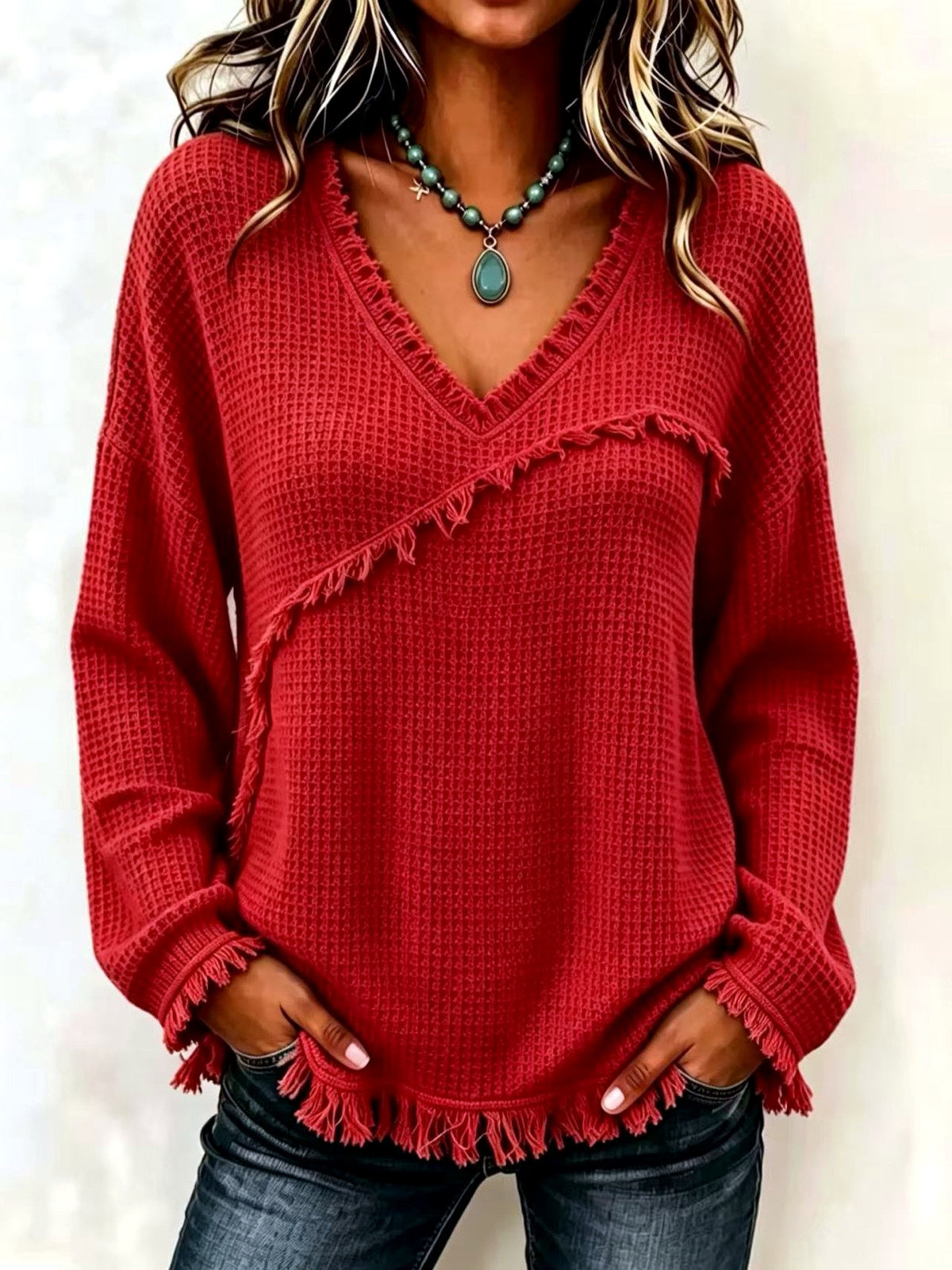 Women's Solid-Color V-Neck Fringe-Trim Relaxed-Fit Long-Sleeve Shirt in Red - product view