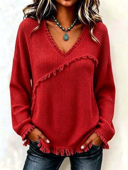 Women's Solid-Color V-Neck Fringe-Trim Relaxed-Fit Long-Sleeve Shirt in Red - product view
