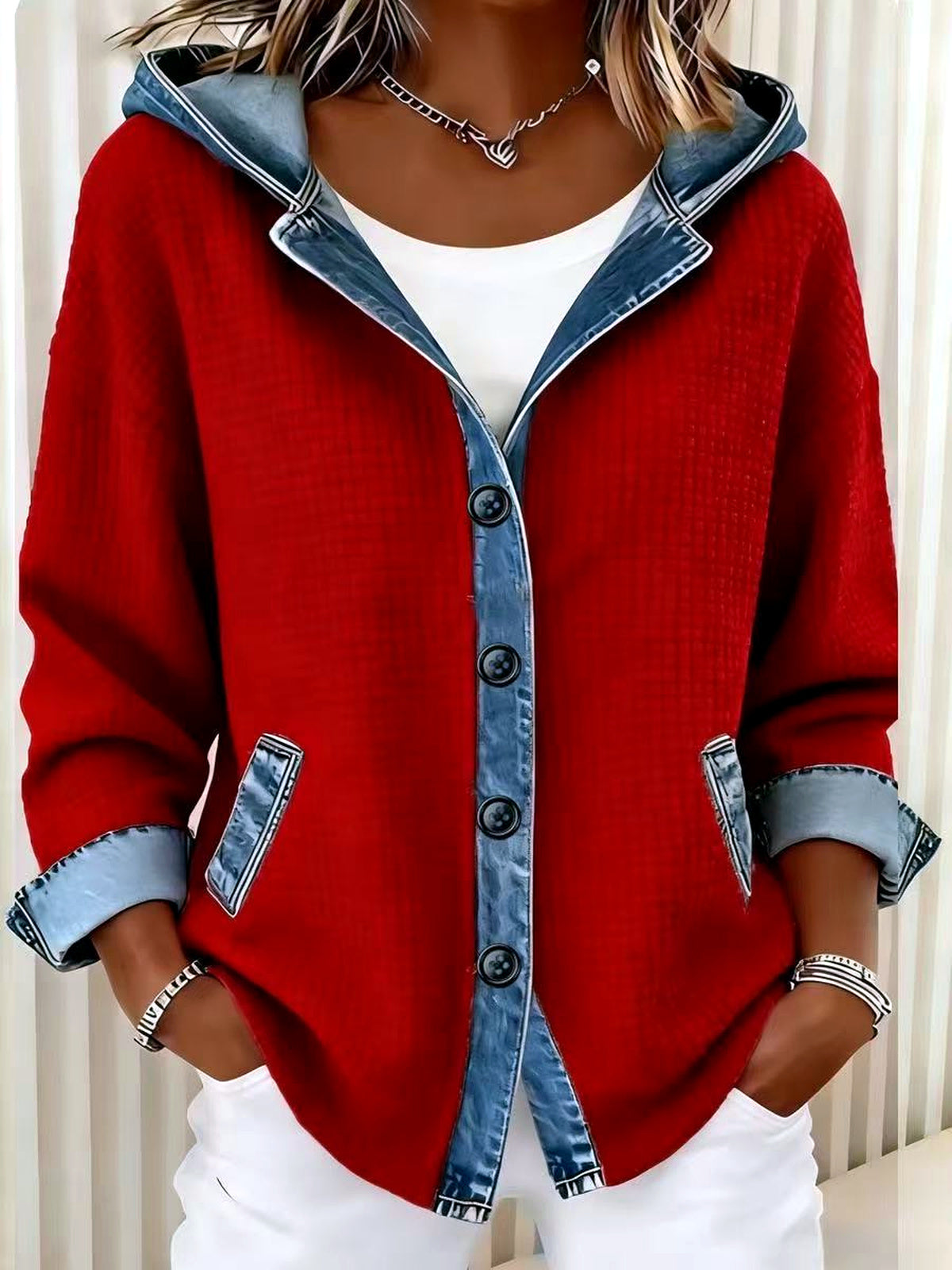 Women's Plaid Relaxed-Fit Hooded Cardigan in Red - product view