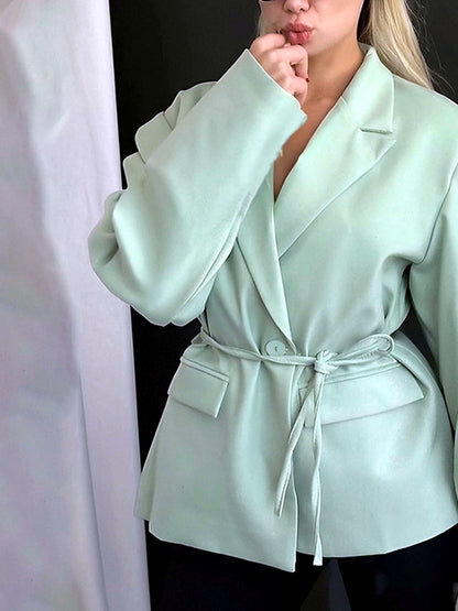 Women's Printed Solid-Color Slim-Fit Belted Long-Sleeve Office Blazer in 29782-Green - product view