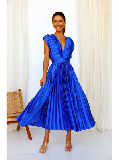 Solid-Color Patchwork Zip-Front Pullover Relaxed-Fit Sleeveless Dress in Blue - product view