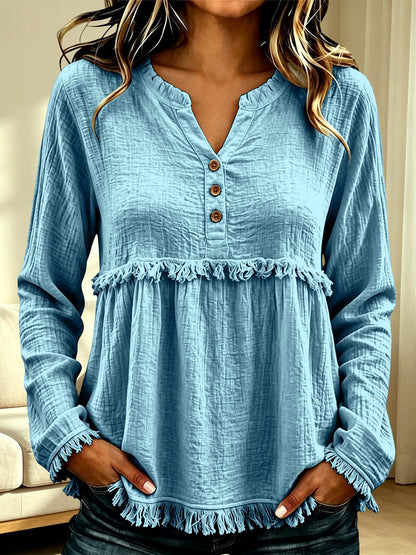 Women's Linen-Blend V-Neck Fringe-Trim Lace-Trim Patchwork Shirt in Blue - product view