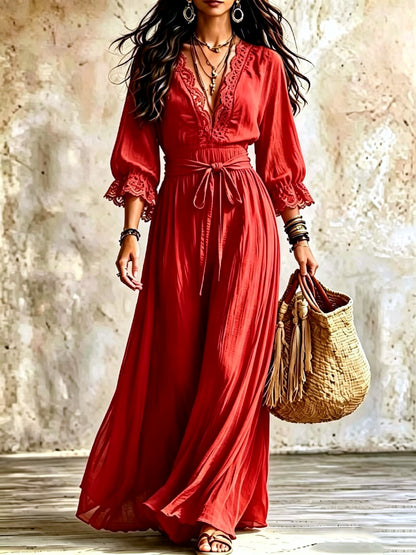 Women's V-Neck Lace-Trim Belted Flared Apparel in Red - product view