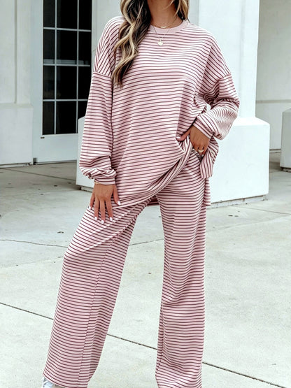 Women's Striped Printed Two-Piece Set in Beige - product view