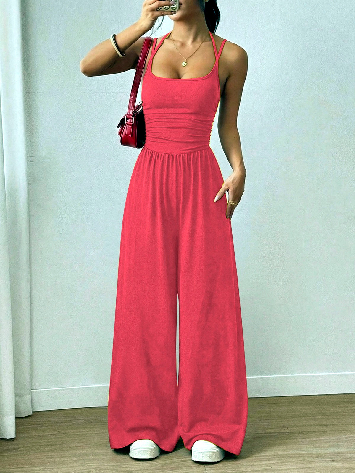 Women's Relaxed-Fit Sleeveless Stretch High-Waist Wide-Leg Jumpsuit in Red - product view
