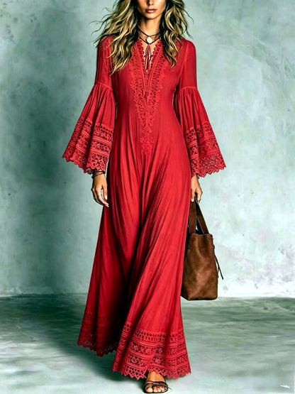 Lace-Trim Patchwork Vintage-Inspired Dress in Red - product view