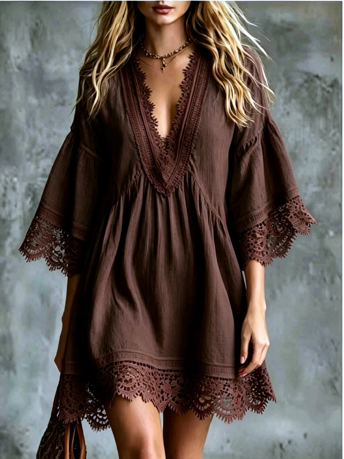 Women's Lace-Trim Patchwork Longline Mid-Length Dress in Brown - product view