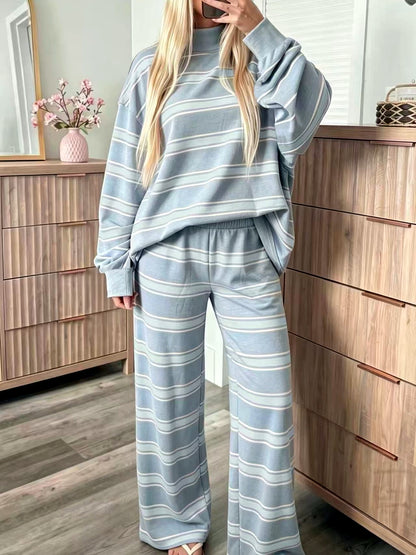 Women's Striped Printed Two-Piece Set in Light Blue - product view