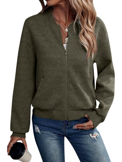 Women's Solid-Color Zip-Front Long-Sleeve Jacket in Army Green - product view