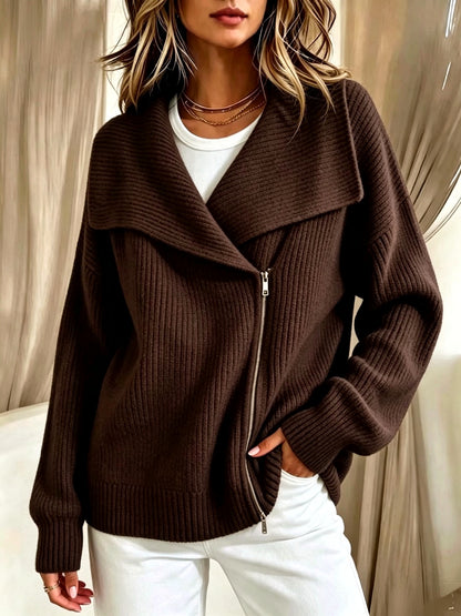 Women's Knit Solid-Color Zip-Front Relaxed-Fit Cardigan in Brown - product view