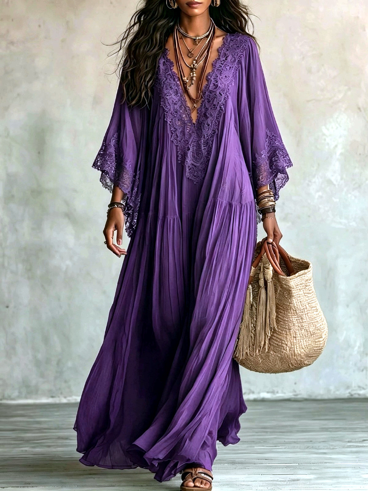 Women's Lace-Trim Patchwork Batwing-Sleeve Longline Dress in Purple - product view