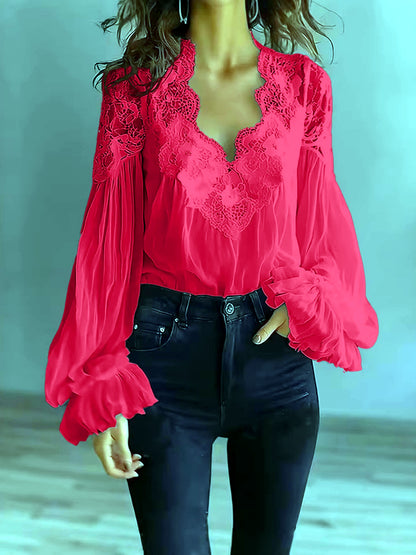 Women's Lace-Trim Patchwork Shirt in Red - product view